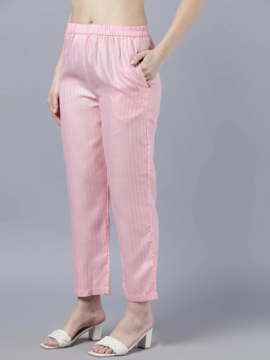 Myshka Women Pink Panelled Pure Cotton Kurta with Trousers With Dupatta Set | Grocsy