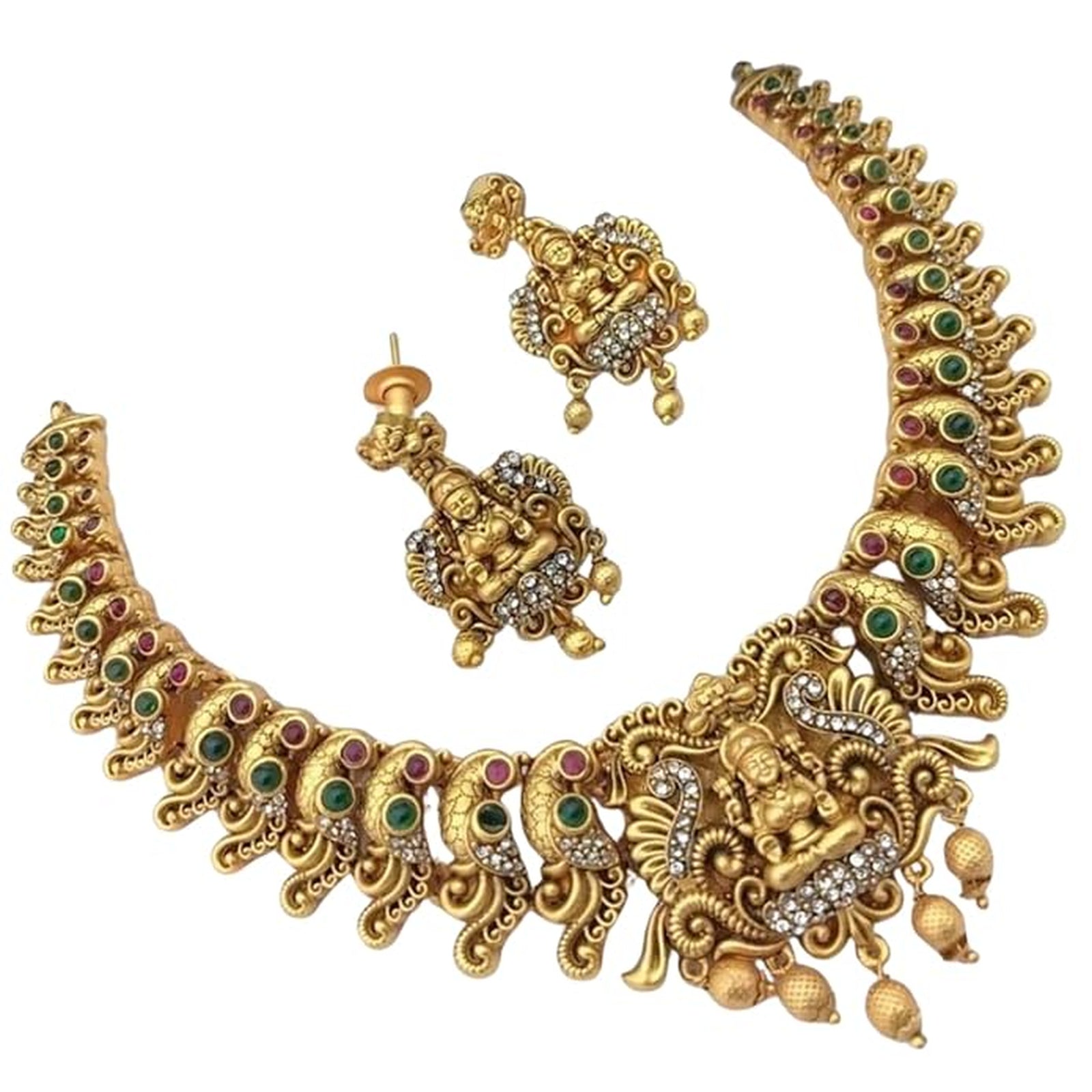 Jewel City Ornate Gold-Plated Laxmi Temple Jewelry Set - Antique-Finish Necklace and Earrings | Grocsy