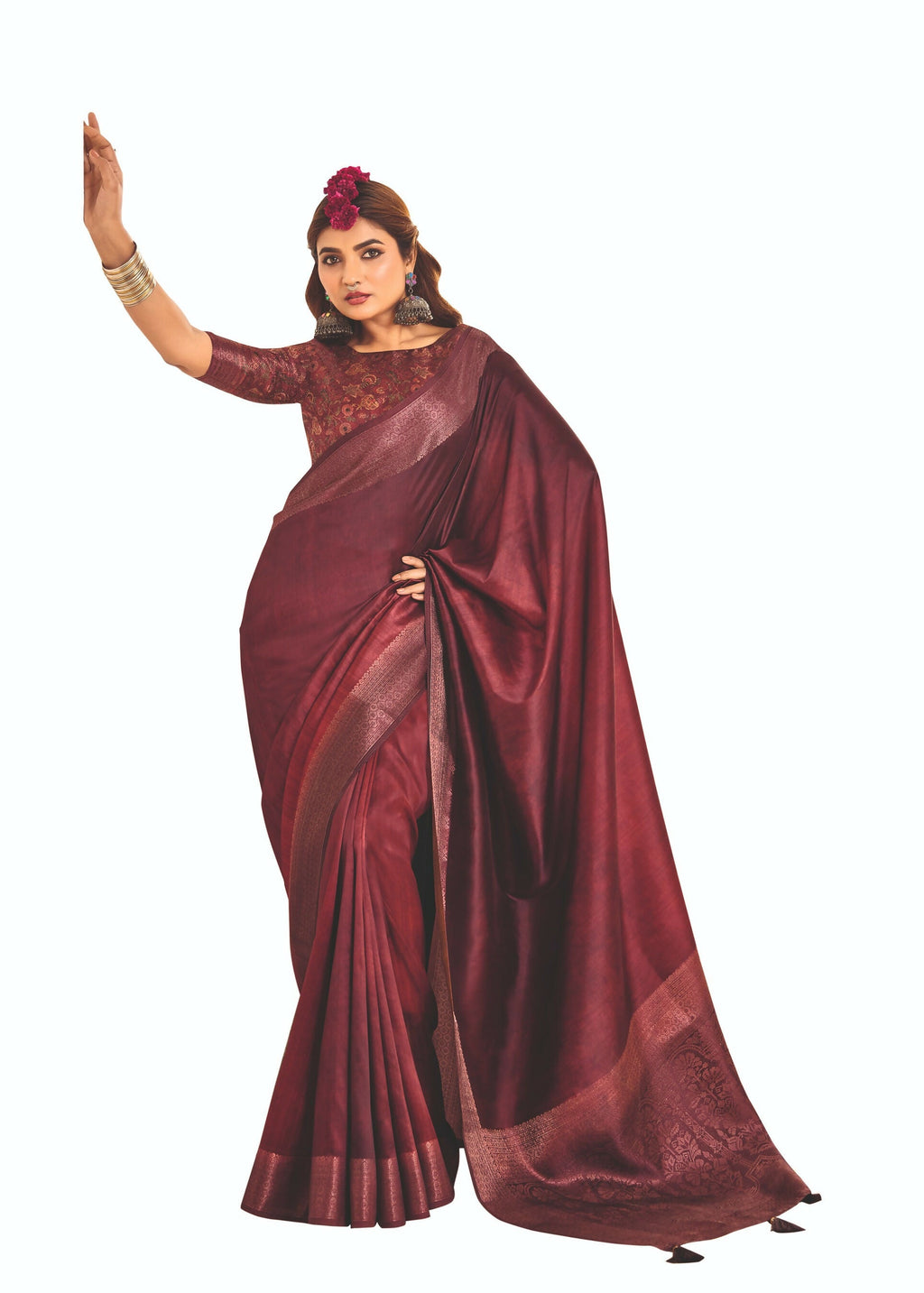 Joban Fashion Satin Silk With Zari Border Maroon Colored Designer Pallu Saree | Grocsy