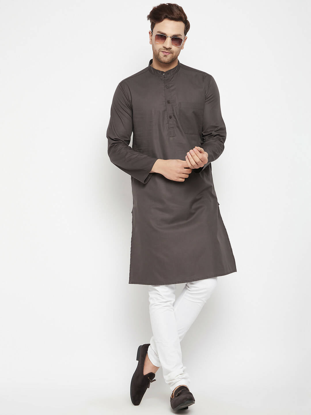 Even Apparels Brown Color Pure Cotton Long Men's Kurta With Band Collar | Grocsy