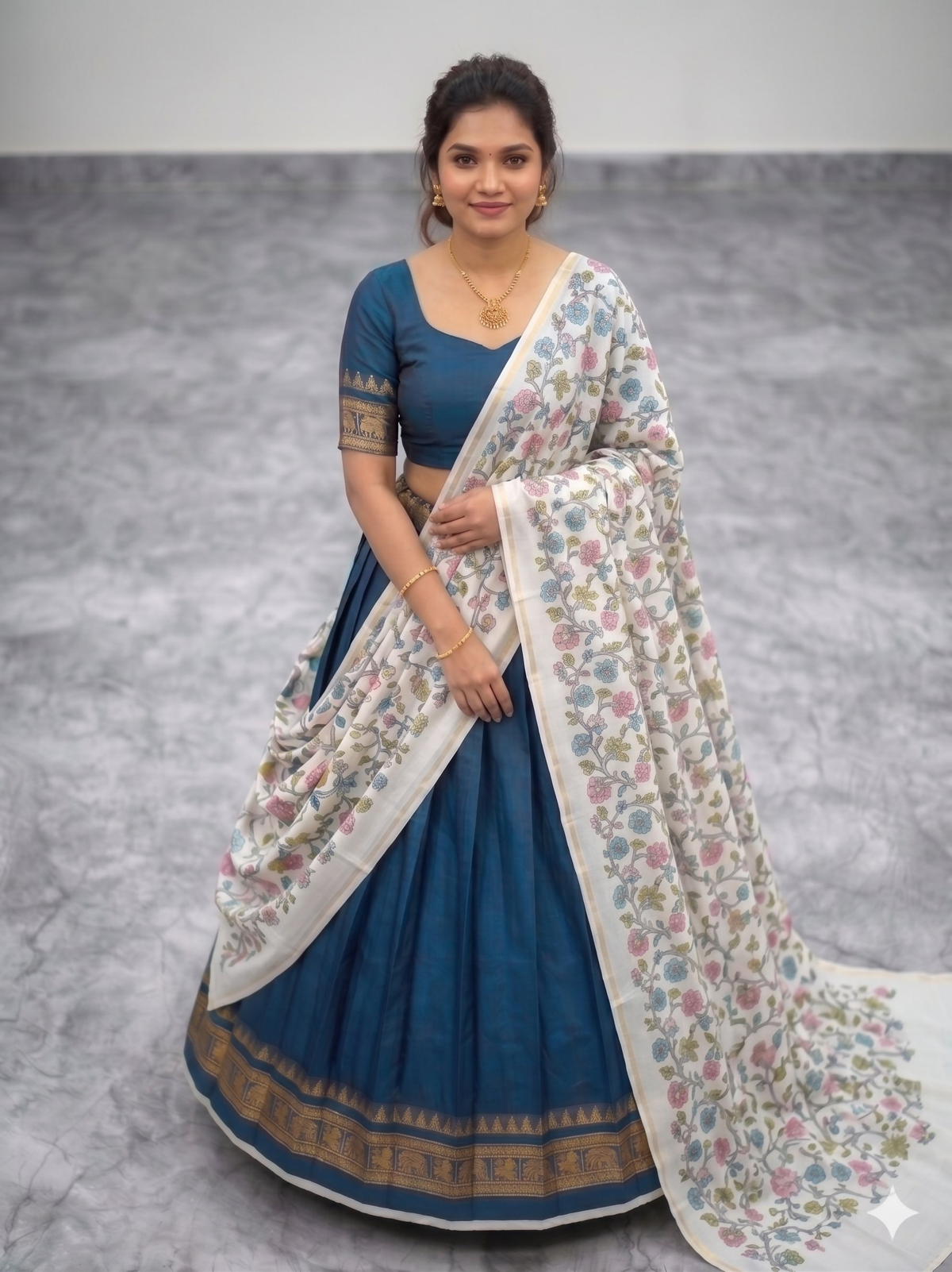 Teeya Creation Womens New Trendy Teal Blue Traditional Pleated Lehenga Choli Set with Floral Printed Dupatta and Contrast Zari Border Set | Grocsy