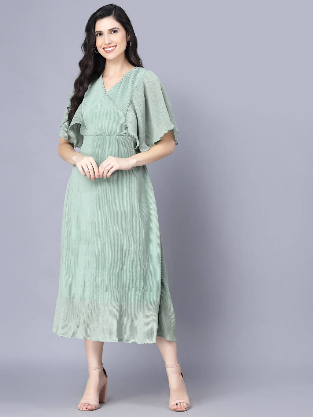 Myshka Chiffon Solid Short Sleeve V Neck Green Women Dress | Grocsy