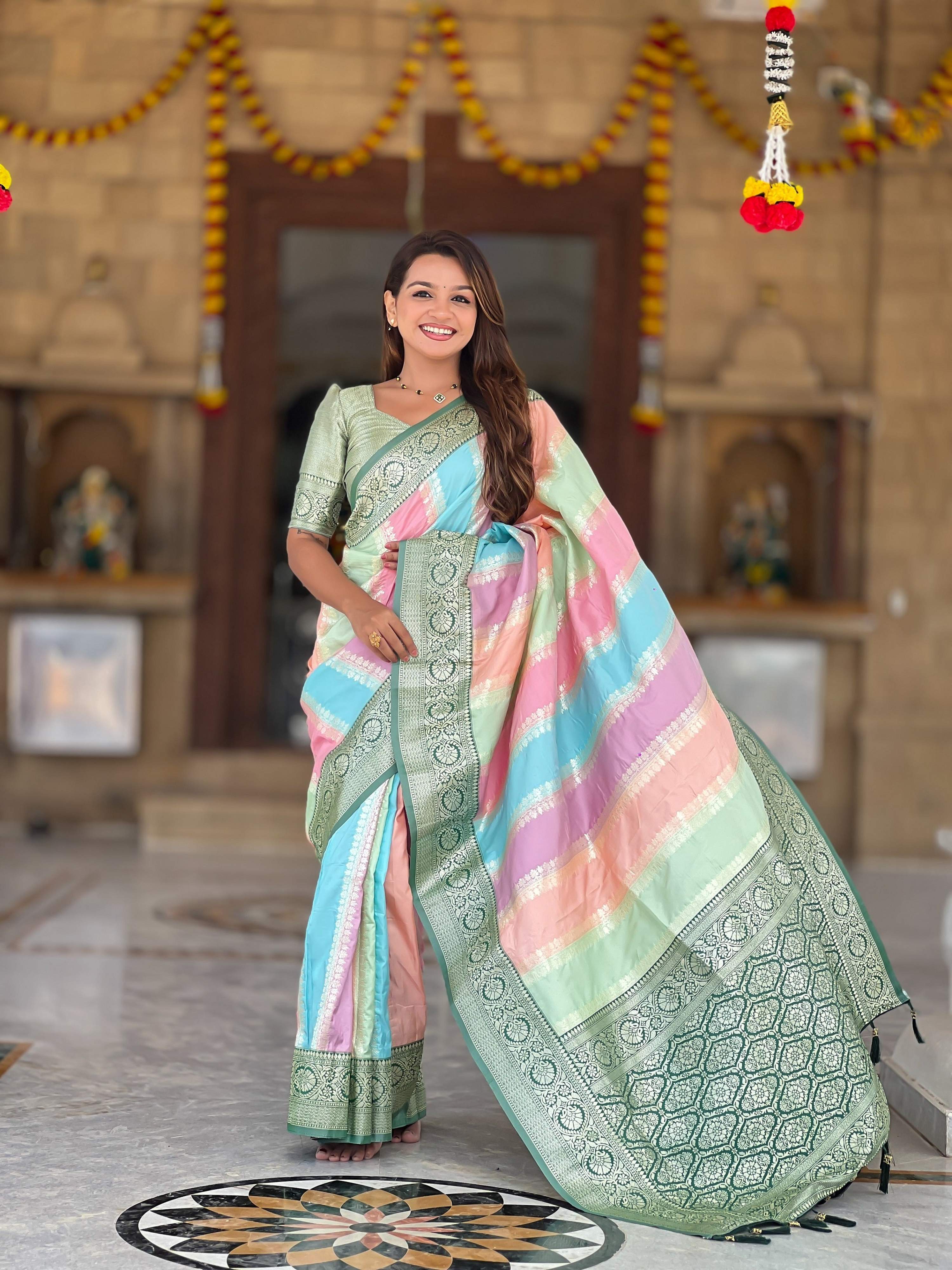 Vedant Vastram Soft Litchi Silk Fancy Jacquard Bollywood Saree - Green | Grocsy