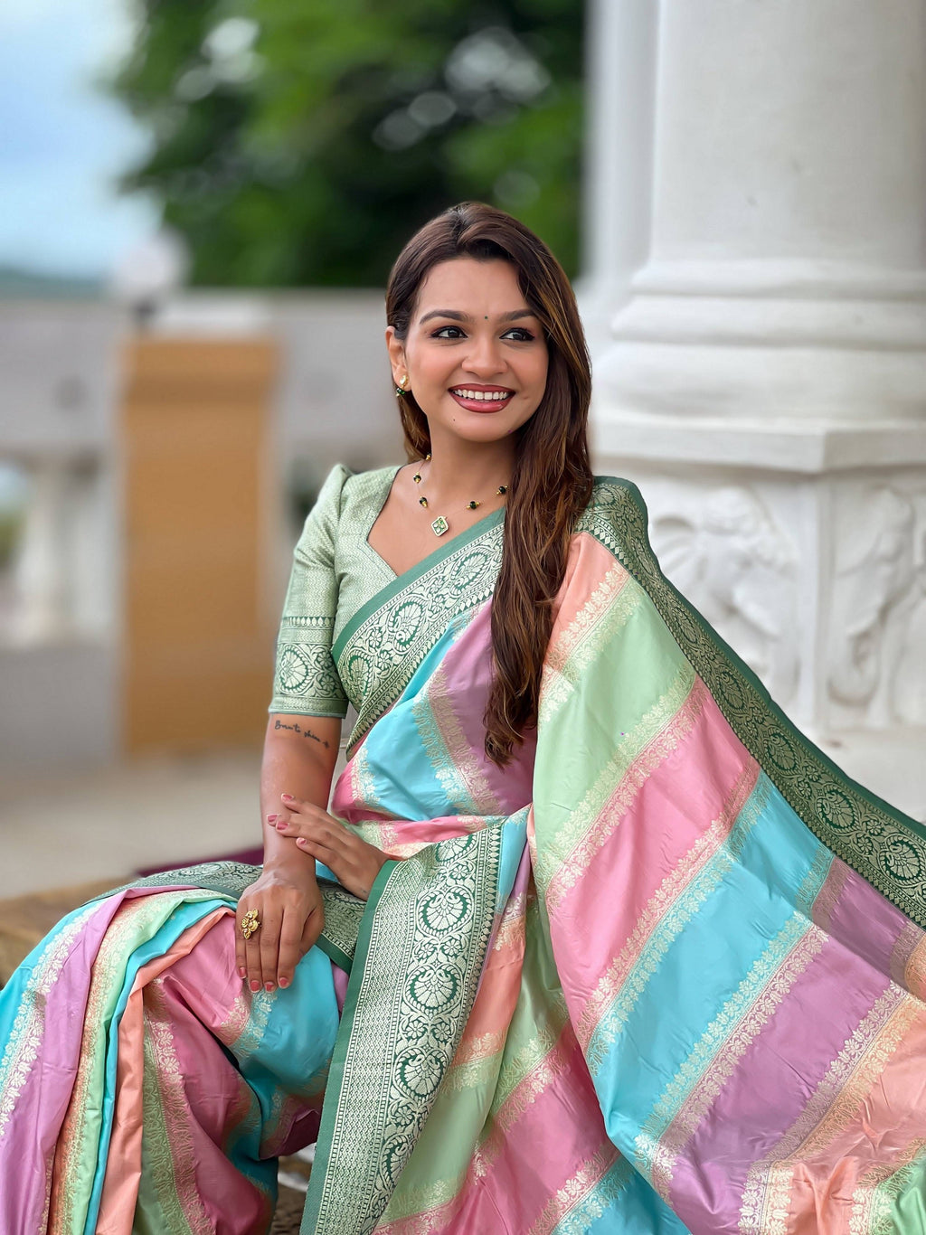 Vedant Vastram Soft Litchi Silk Fancy Jacquard Bollywood Saree - Green | Grocsy