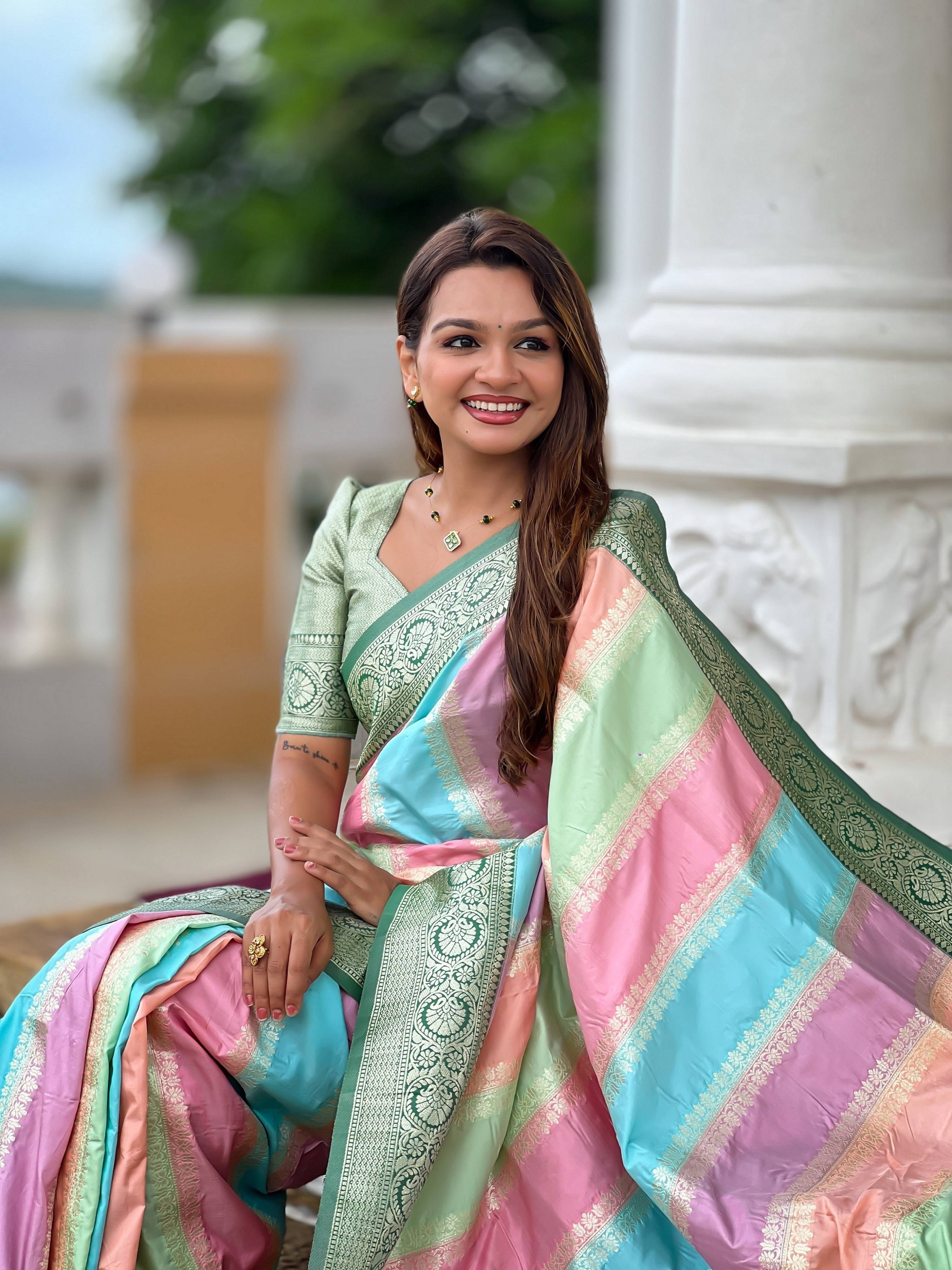 Vedant Vastram Soft Litchi Silk Fancy Jacquard Bollywood Saree - Green | Grocsy