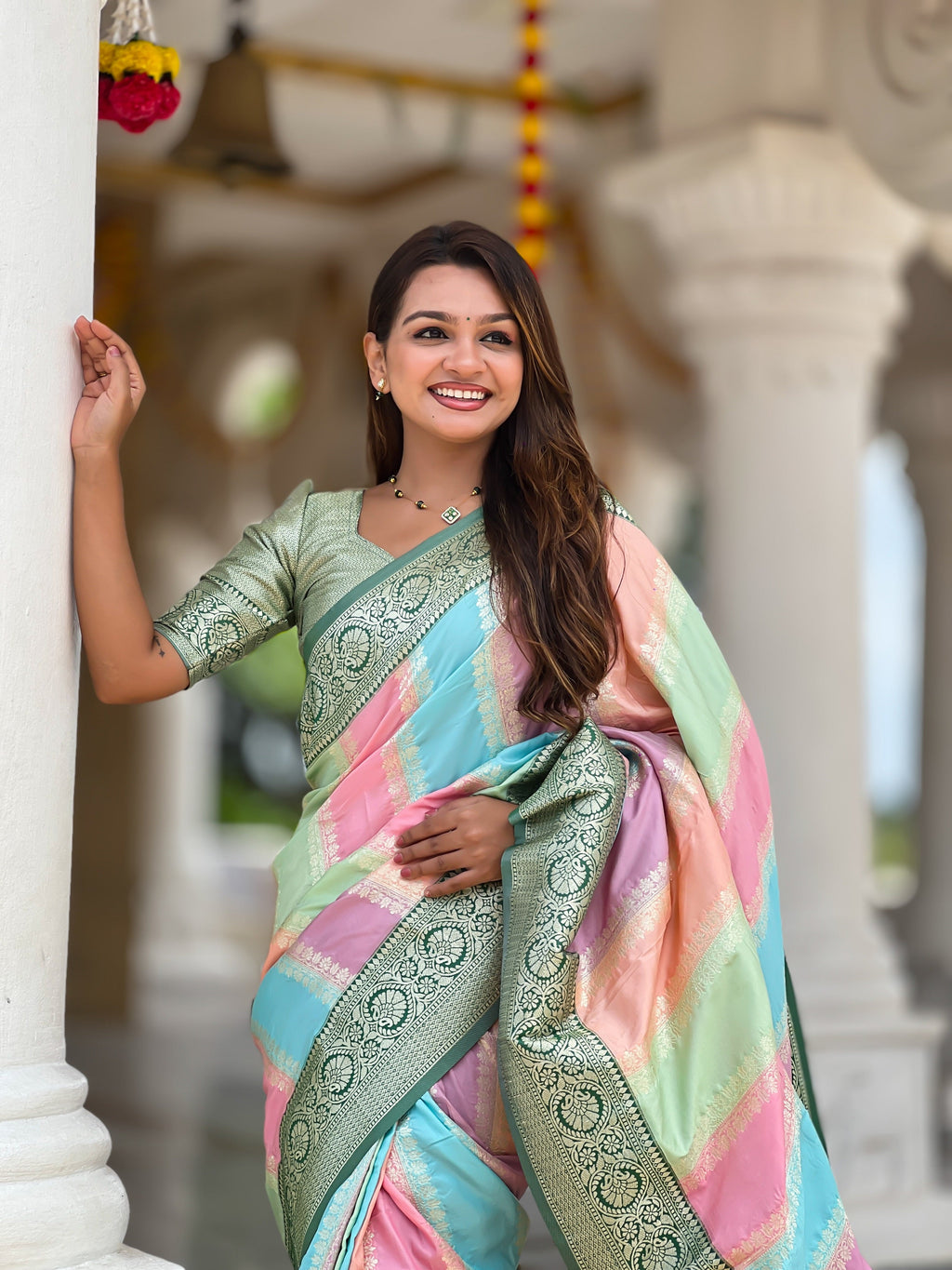Vedant Vastram Soft Litchi Silk Fancy Jacquard Bollywood Saree - Green | Grocsy