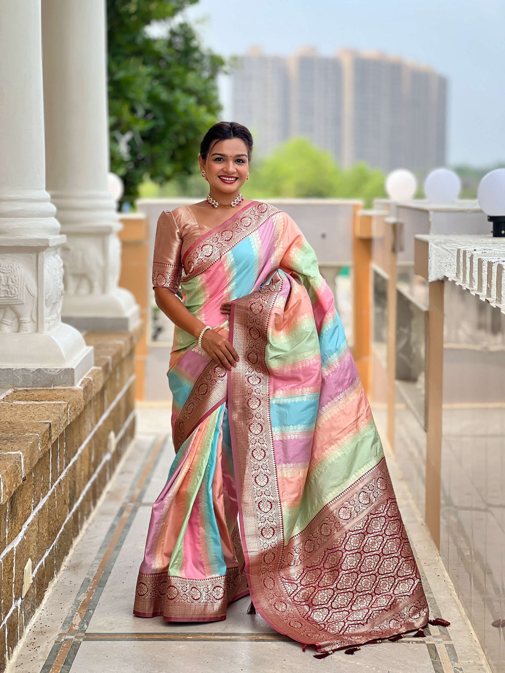 Vedant Vastram Soft Litchi Silk Fancy Jacquard Bollywood Saree - Maroon | Grocsy