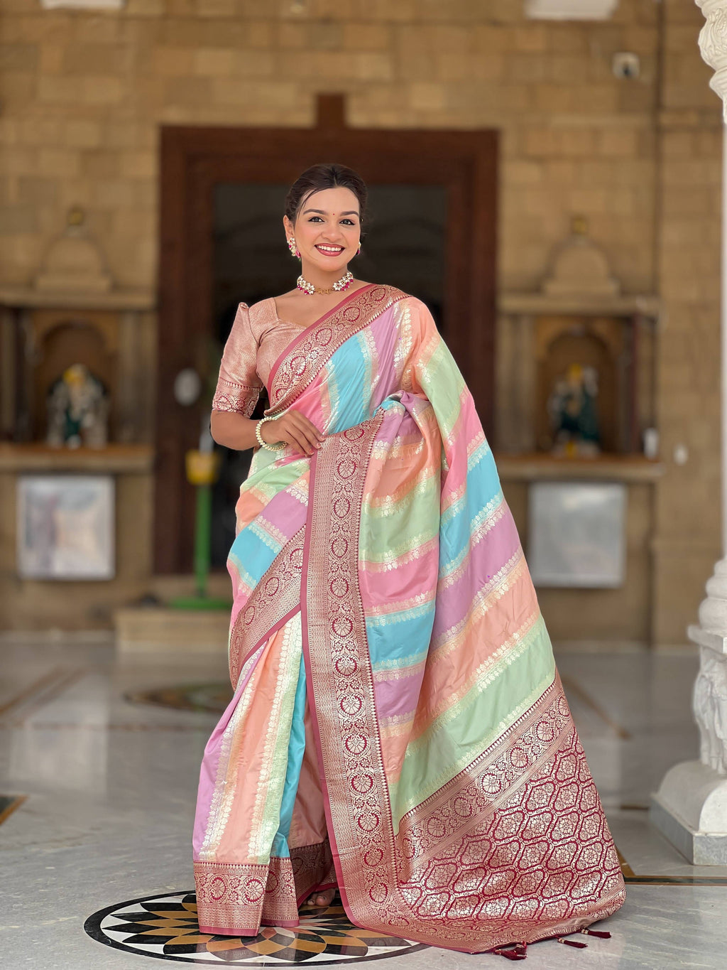 Vedant Vastram Soft Litchi Silk Fancy Jacquard Bollywood Saree - Maroon | Grocsy