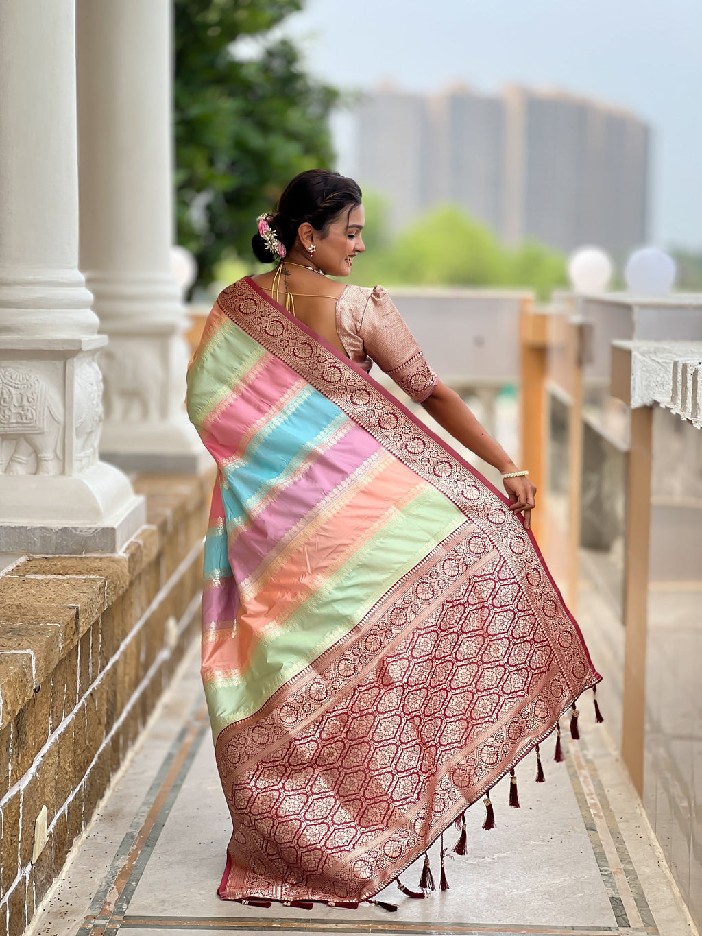 Vedant Vastram Soft Litchi Silk Fancy Jacquard Bollywood Saree - Maroon | Grocsy
