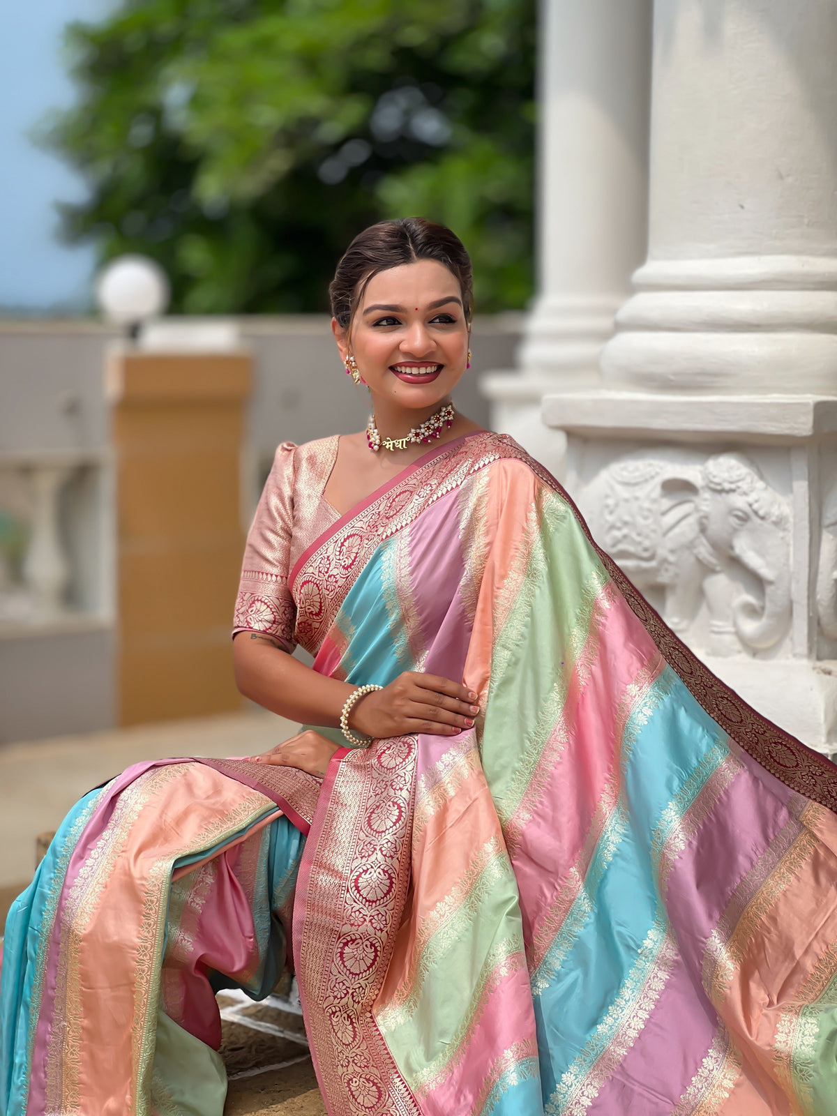 Vedant Vastram Soft Litchi Silk Fancy Jacquard Bollywood Saree - Maroon | Grocsy