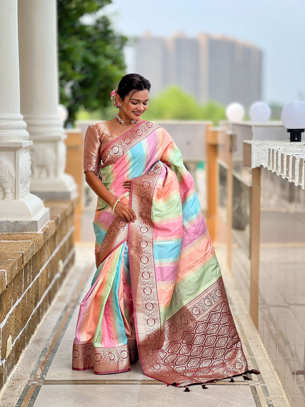 Vedant Vastram Soft Litchi Silk Fancy Jacquard Bollywood Saree - Maroon | Grocsy