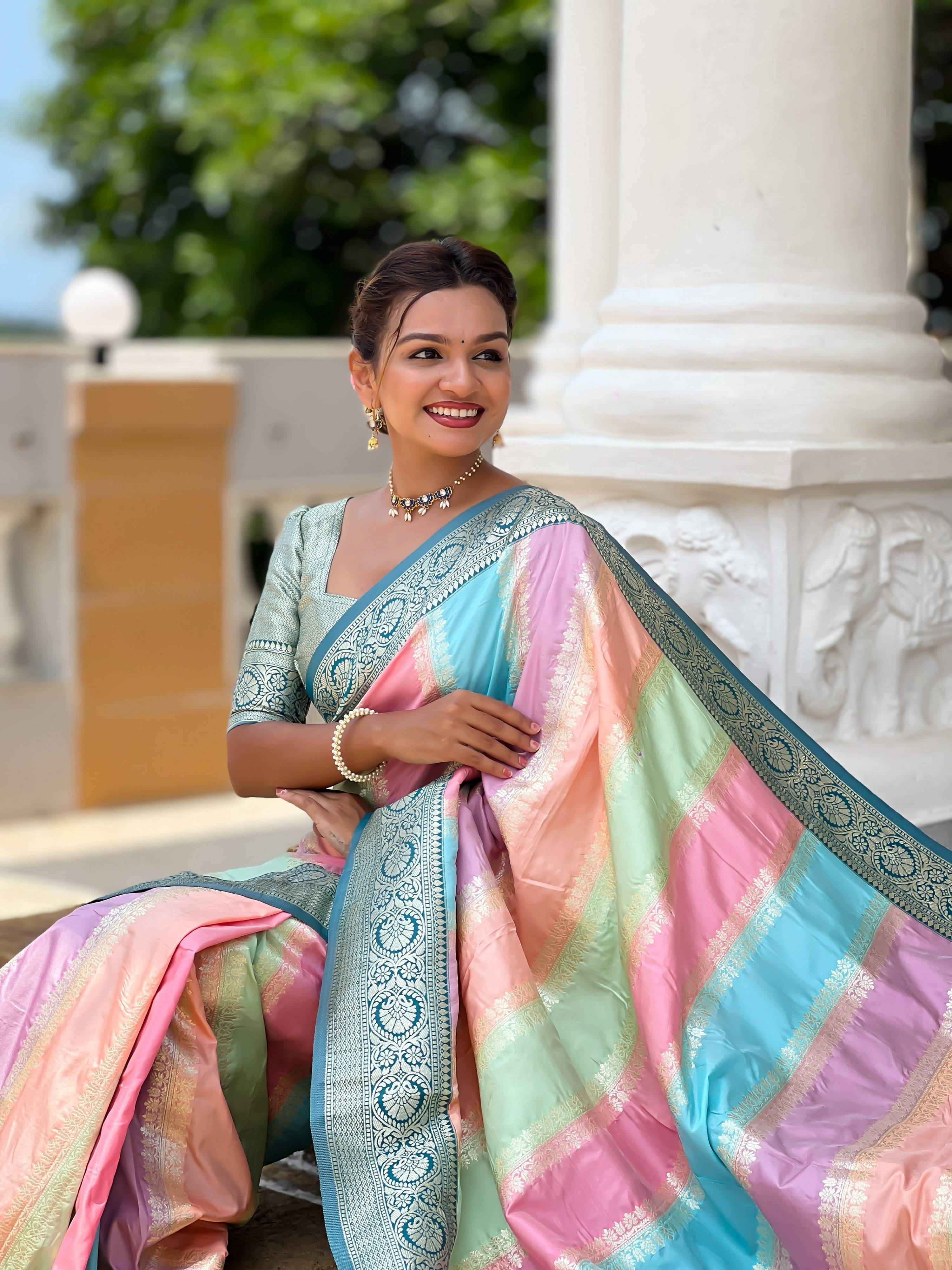 Vedant Vastram Soft Litchi Silk Fancy Jacquard Bollywood Saree - Morpich | Grocsy