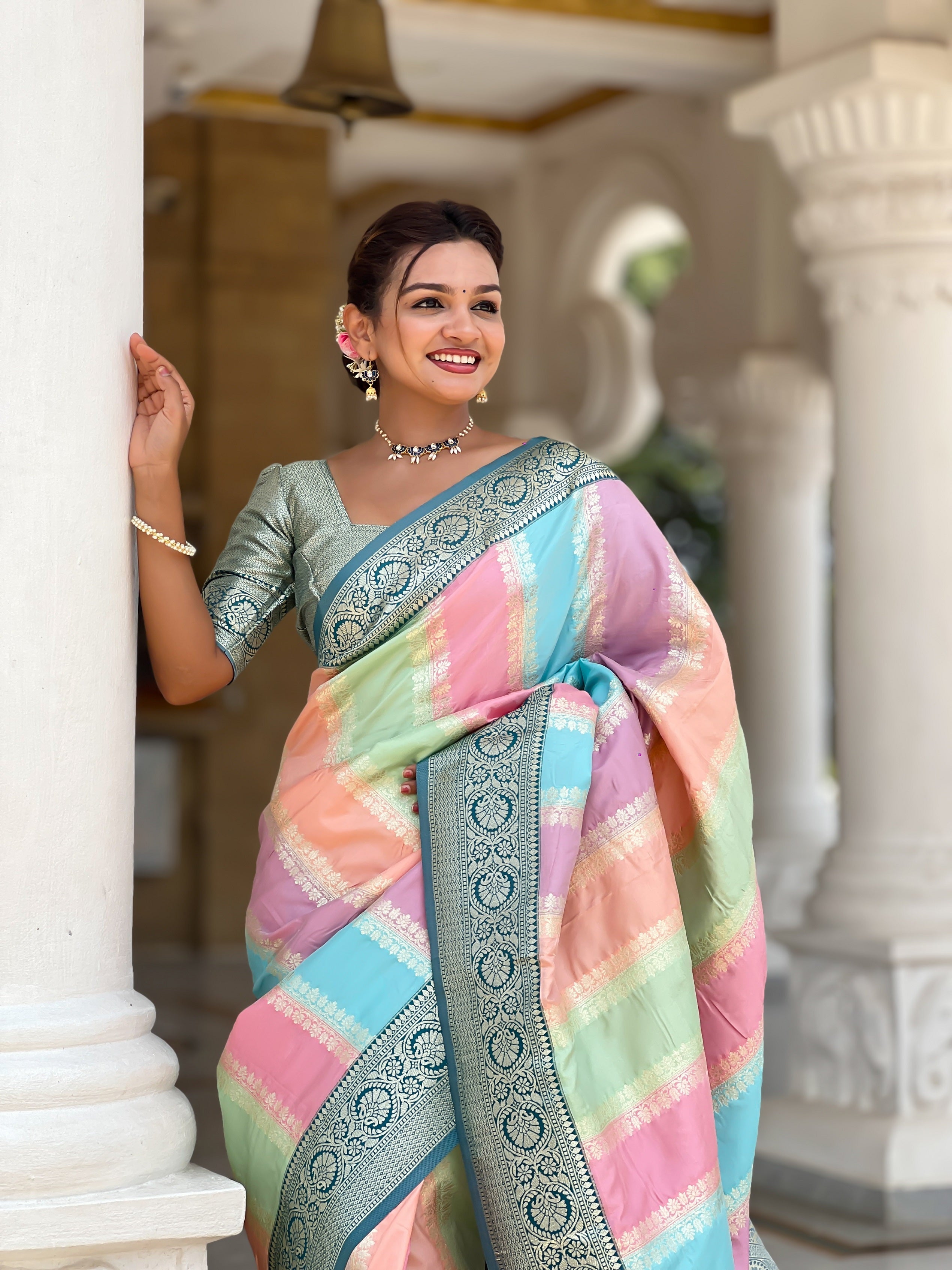 Vedant Vastram Soft Litchi Silk Fancy Jacquard Bollywood Saree - Morpich | Grocsy