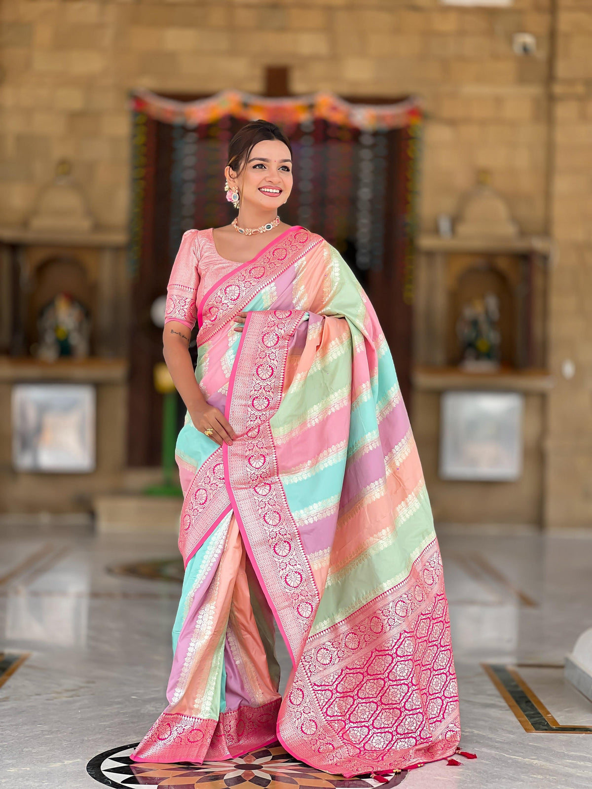 Vedant Vastram Soft Litchi Silk Fancy Jacquard Bollywood Saree - Pink | Grocsy