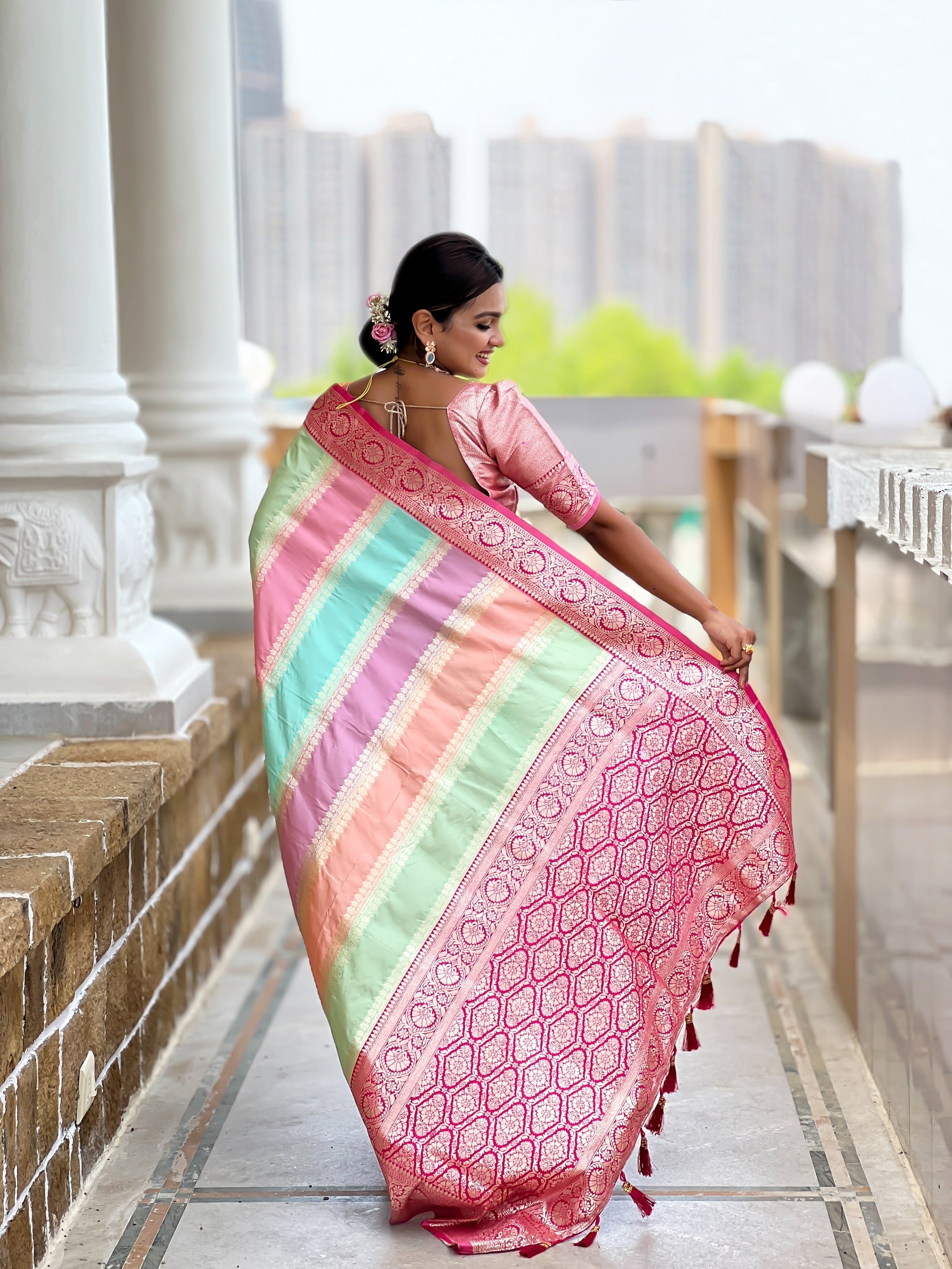 Vedant Vastram Soft Litchi Silk Fancy Jacquard Bollywood Saree - Pink | Grocsy