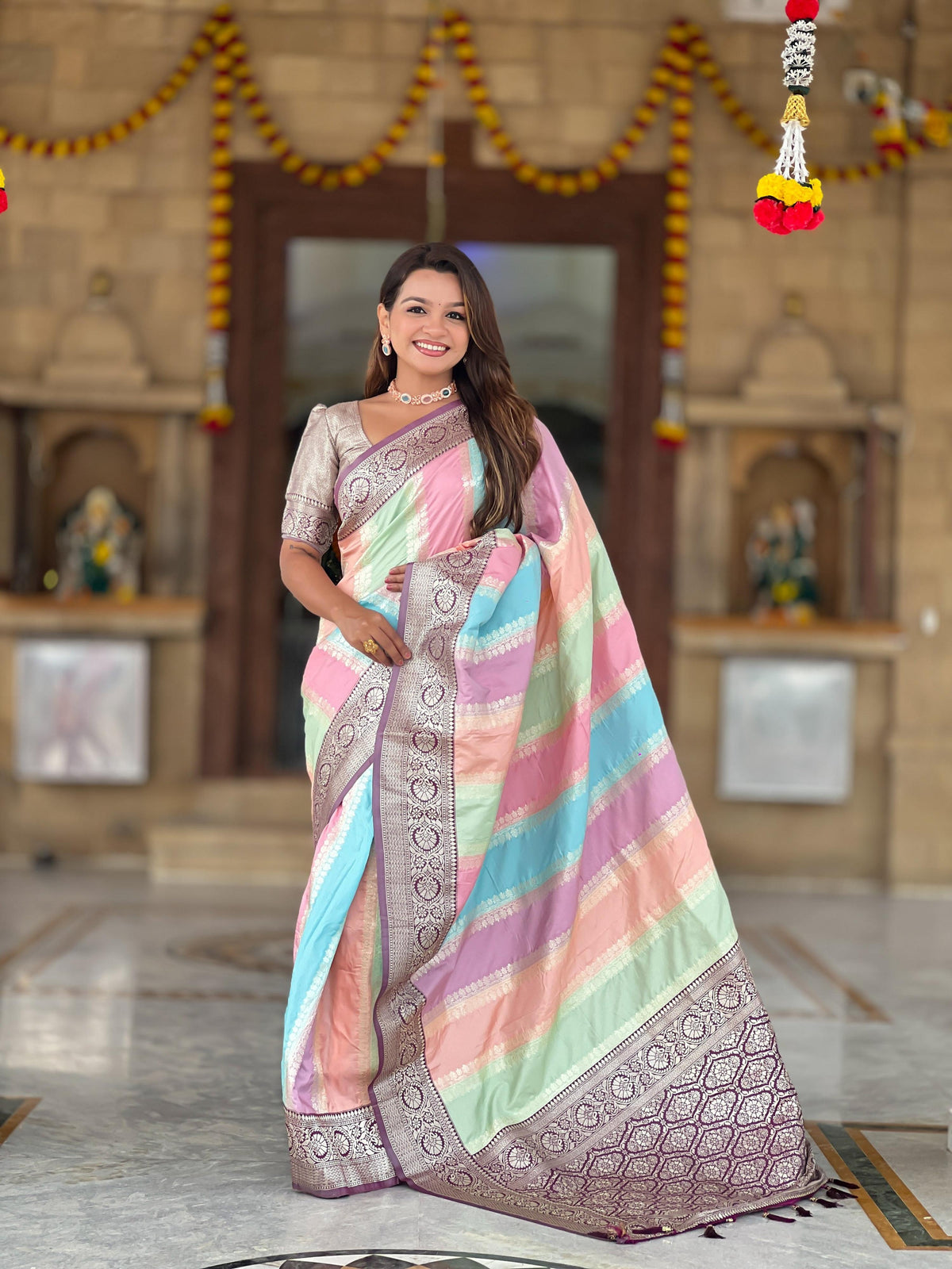Vedant Vastram Soft Litchi Silk Fancy Jacquard Bollywood Saree - Wine | Grocsy