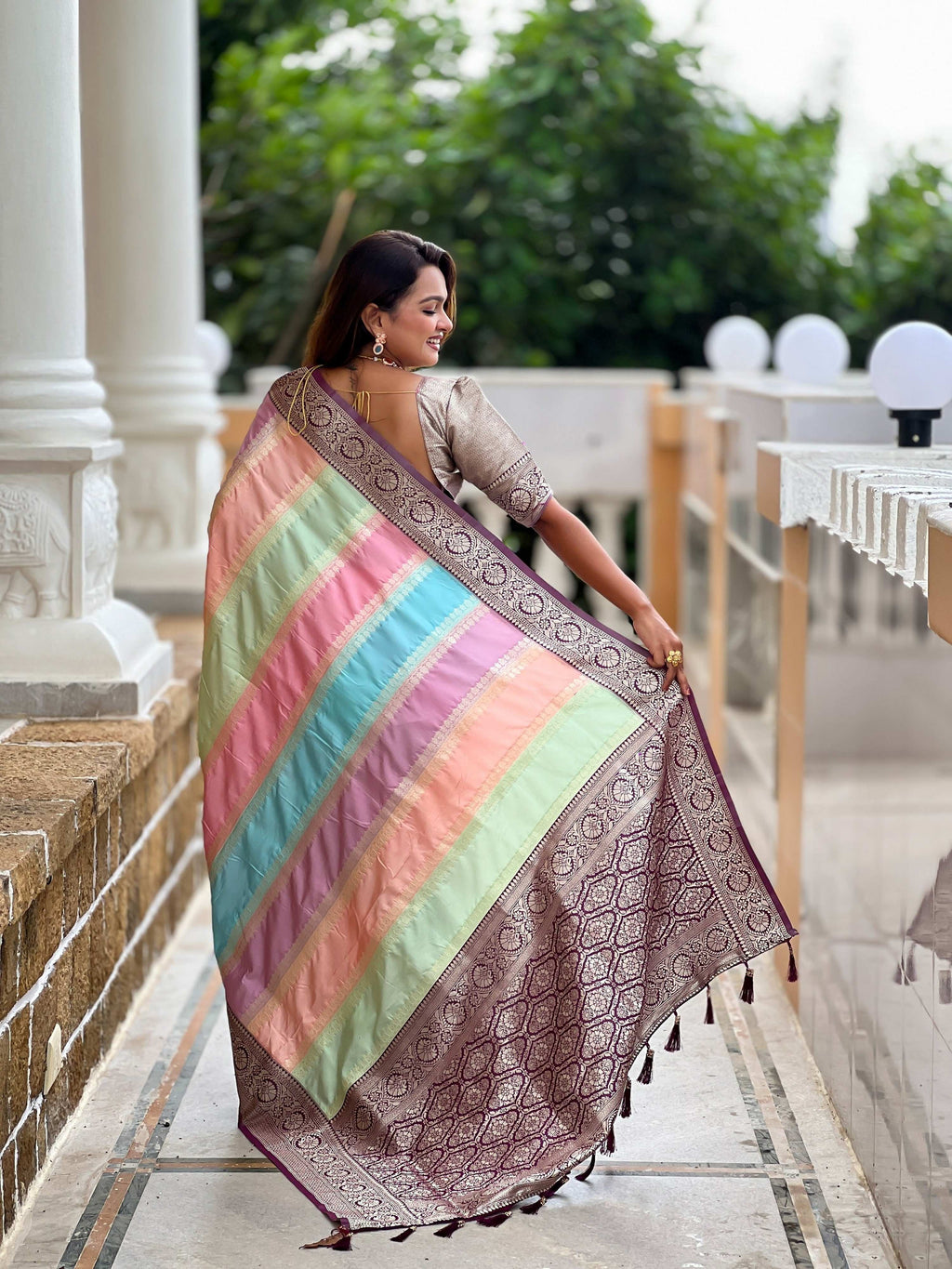Vedant Vastram Soft Litchi Silk Fancy Jacquard Bollywood Saree - Wine | Grocsy