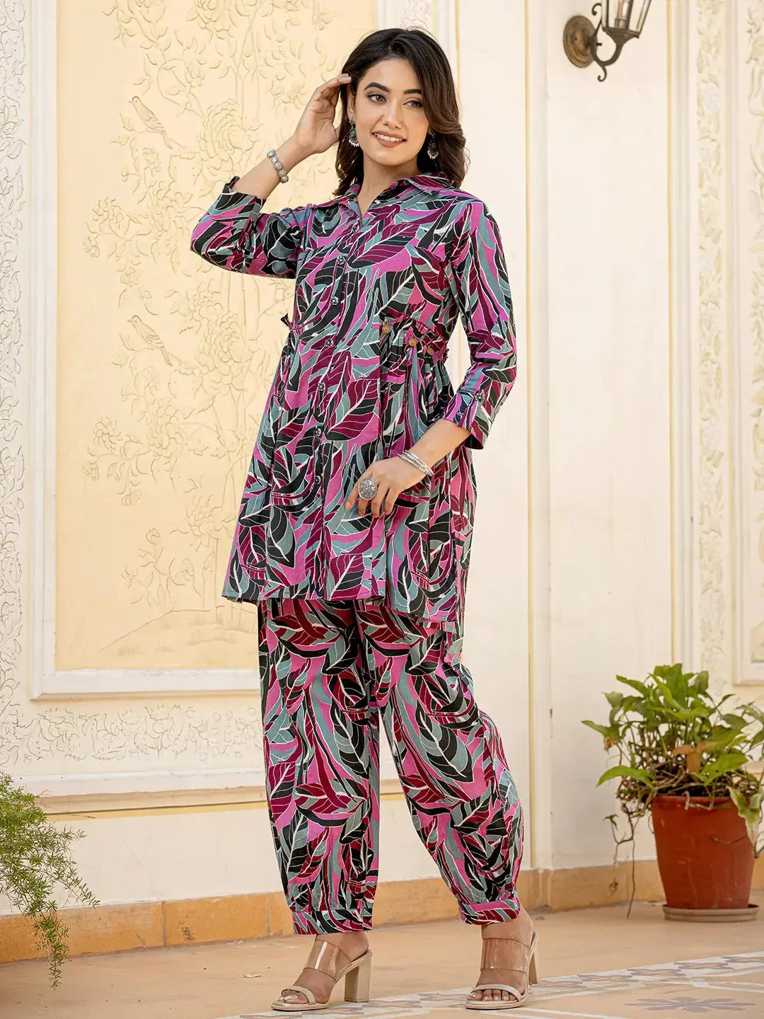 Yufta Multi Leaf Print Cotton Co-Ord Set | Grocsy
