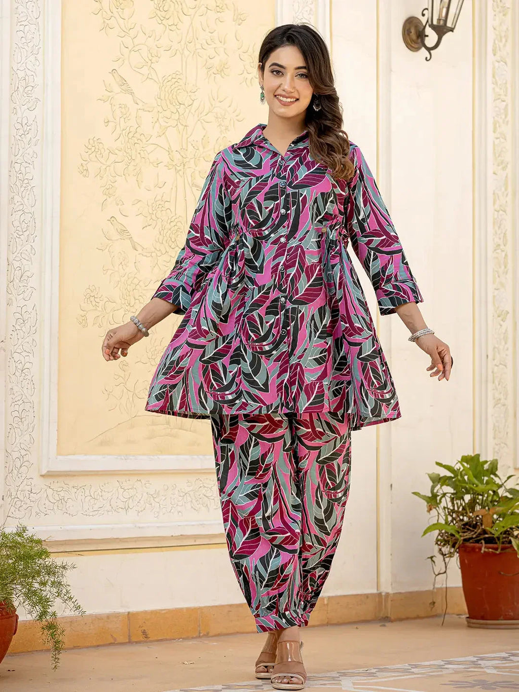 Yufta Multi Leaf Print Cotton Co-Ord Set | Grocsy