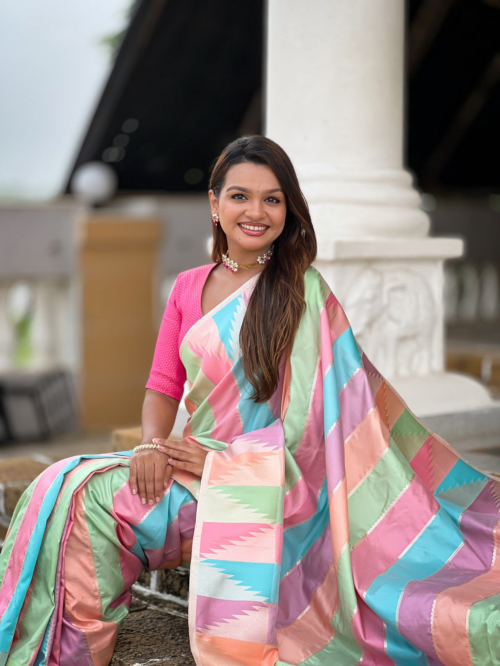 Vedant Vastram Soft Litchi Silk Fancy Jacquard Bollywood Saree - Pink | Grocsy