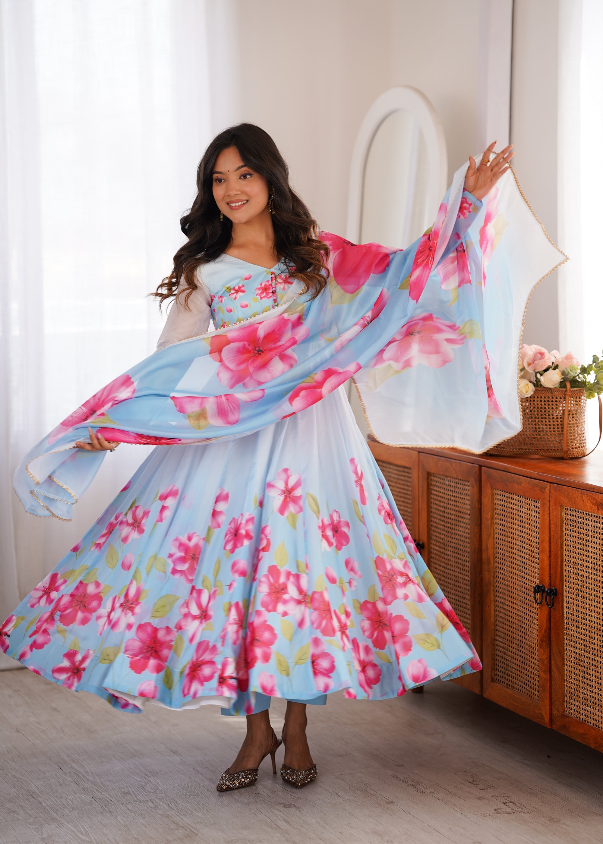 Lorenvalley Fashion Organza Silk Floral Print Flare Kali Pattern Anarkali Pants with Dupatta | Grocsy