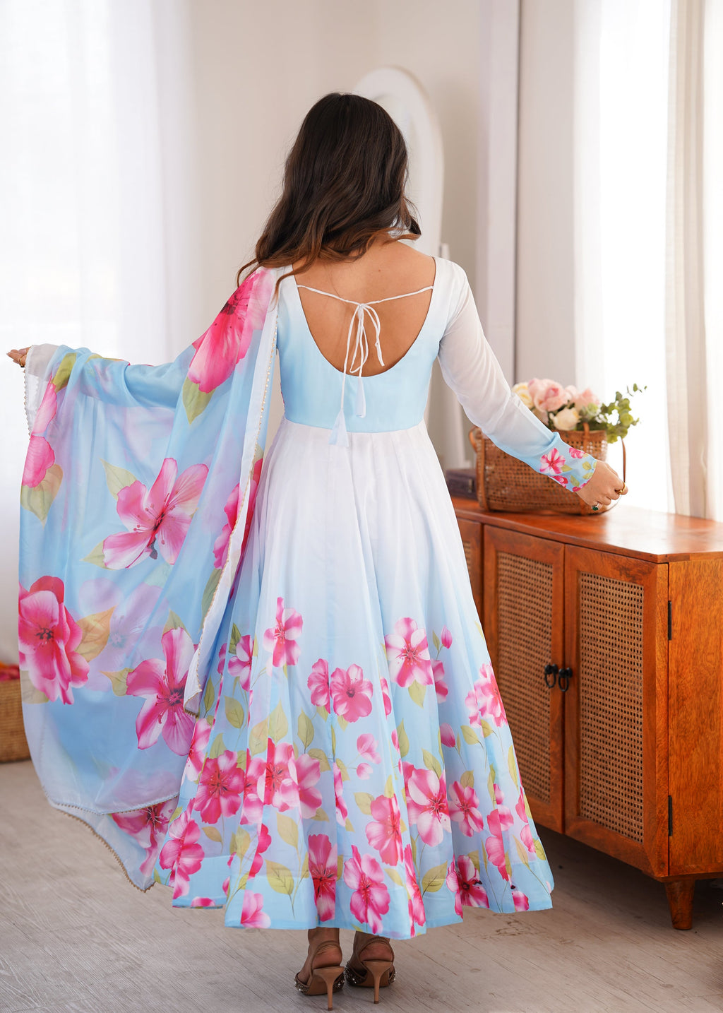Lorenvalley Fashion Organza Silk Floral Print Flare Kali Pattern Anarkali Pants with Dupatta | Grocsy