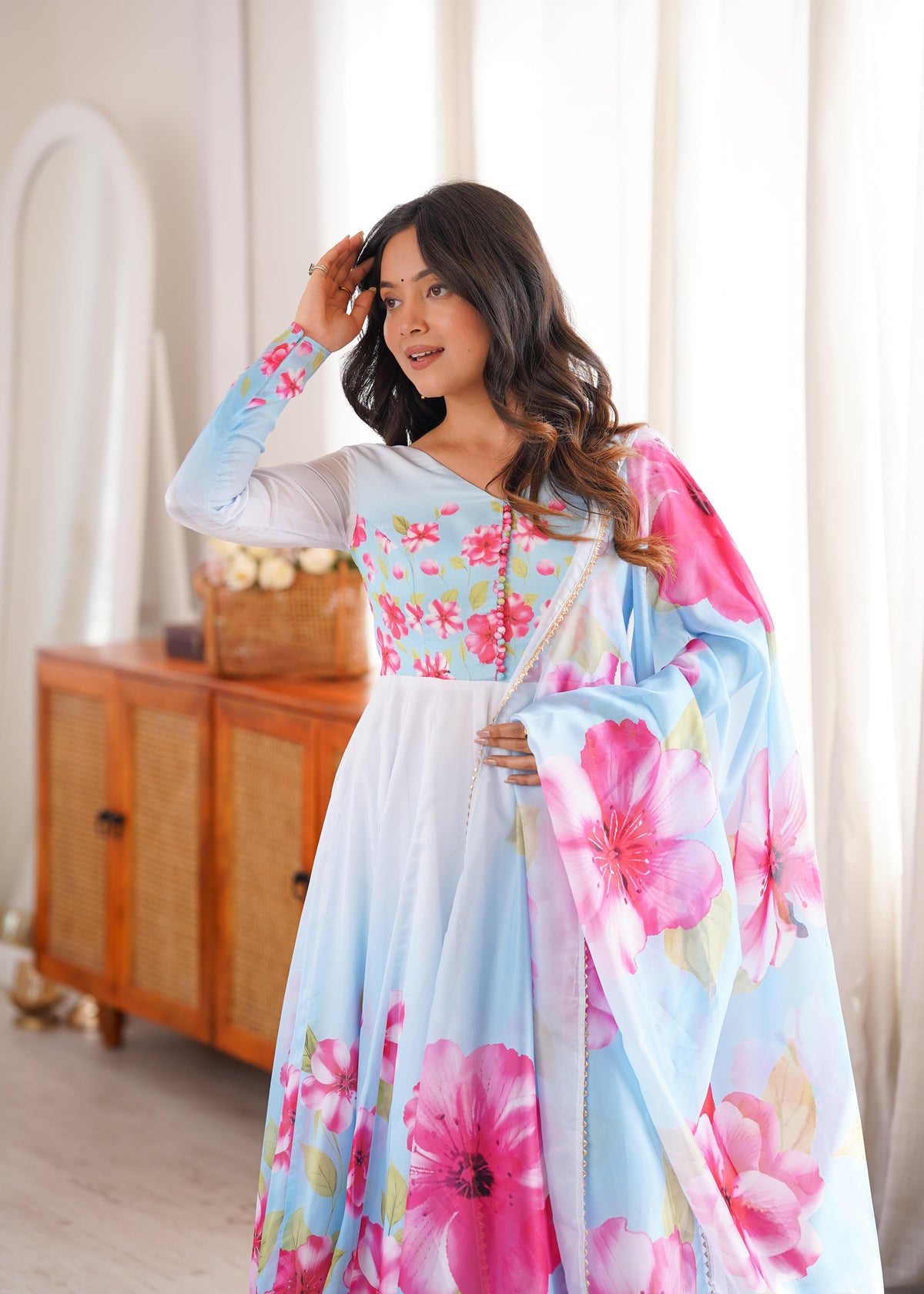 Lorenvalley Fashion Organza Silk Floral Print Flare Kali Pattern Anarkali Pants with Dupatta | Grocsy
