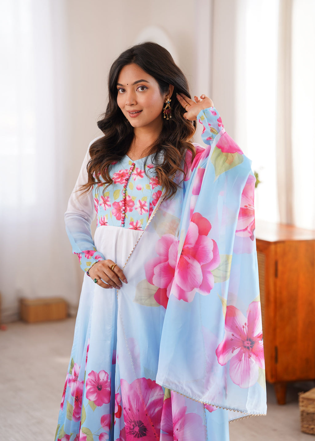 Lorenvalley Fashion Organza Silk Floral Print Flare Kali Pattern Anarkali Pants with Dupatta | Grocsy