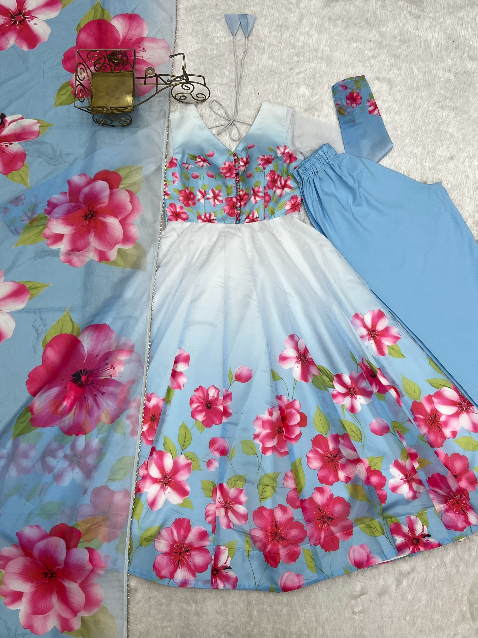 Lorenvalley Fashion Organza Silk Floral Print Flare Kali Pattern Anarkali Pants with Dupatta | Grocsy