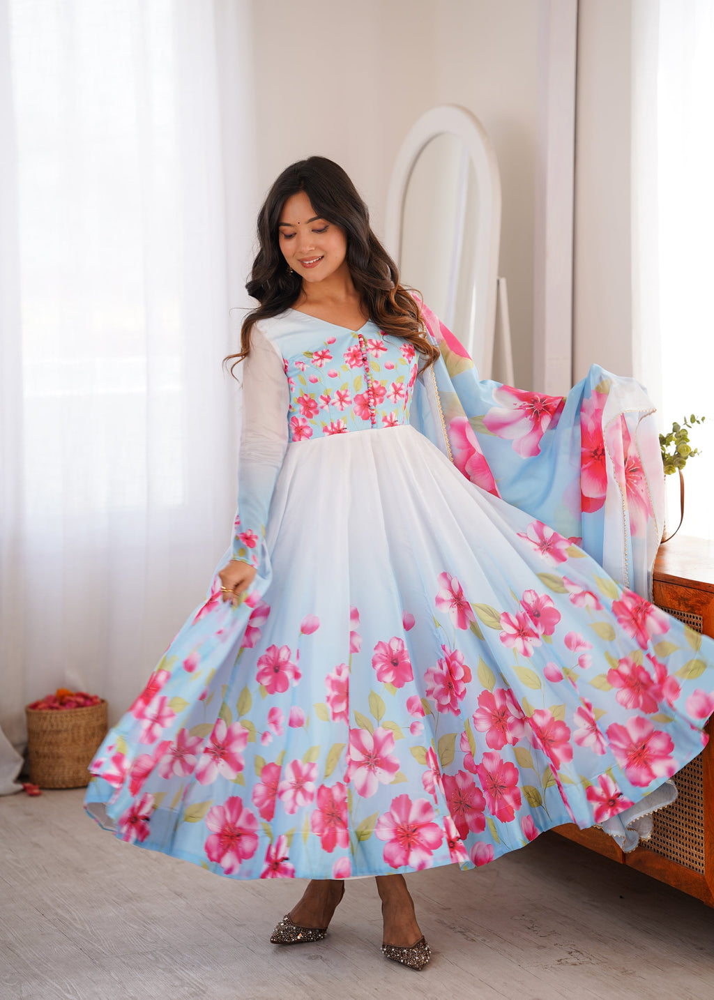 Lorenvalley Fashion Organza Silk Floral Print Flare Kali Pattern Anarkali Pants with Dupatta | Grocsy