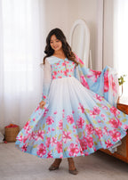 Lorenvalley Fashion Organza Silk Floral Print Flare Kali Pattern Anarkali Pants with Dupatta | Grocsy