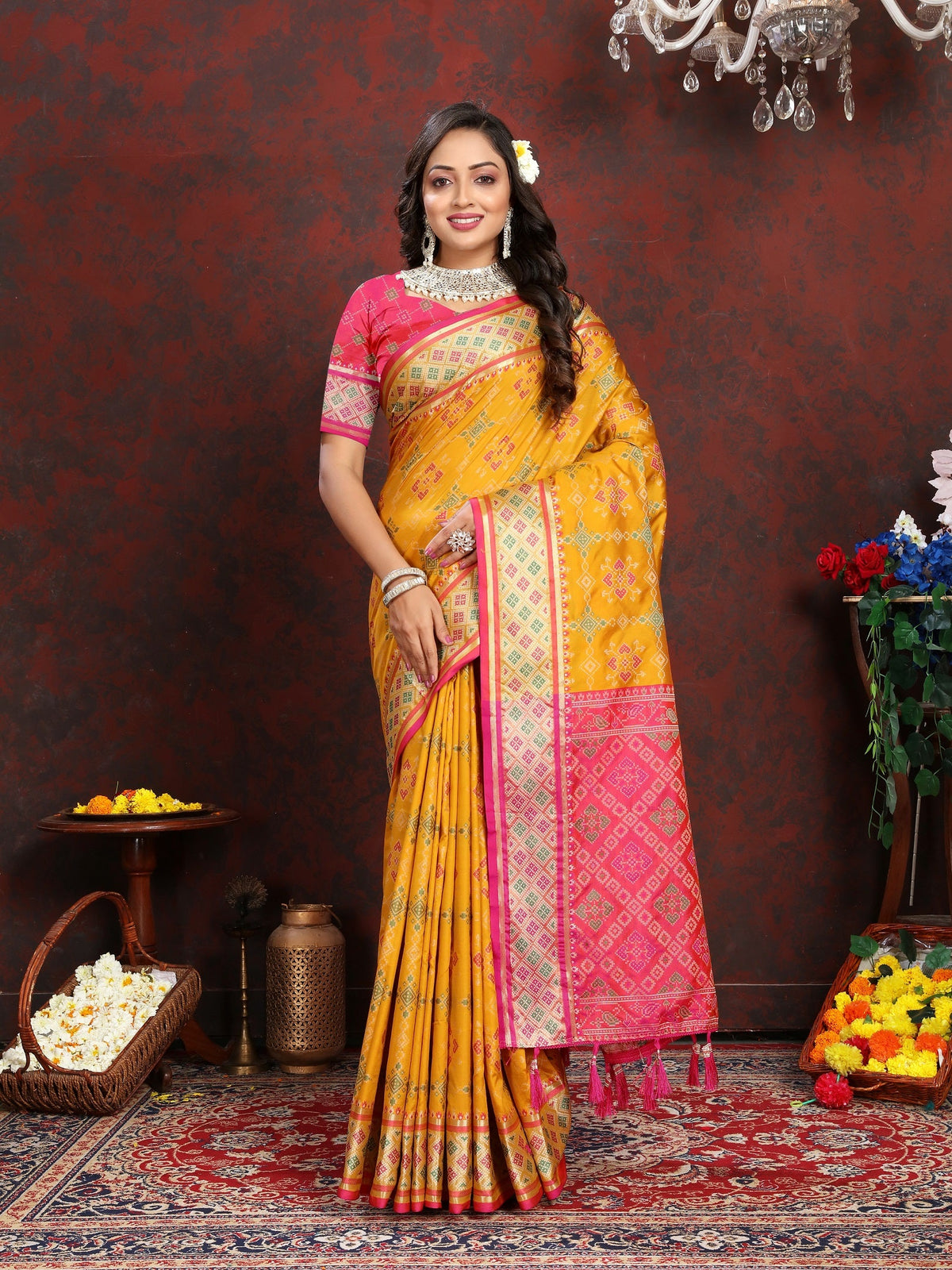 Vedant Vastram Mustard Color Kanjeevaram Patola Silk Saree - Mustard | Grocsy
