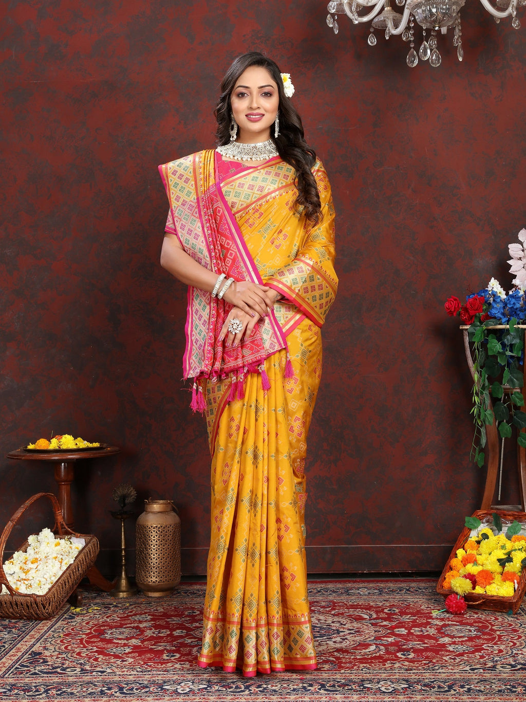 Vedant Vastram Mustard Color Kanjeevaram Patola Silk Saree - Mustard | Grocsy