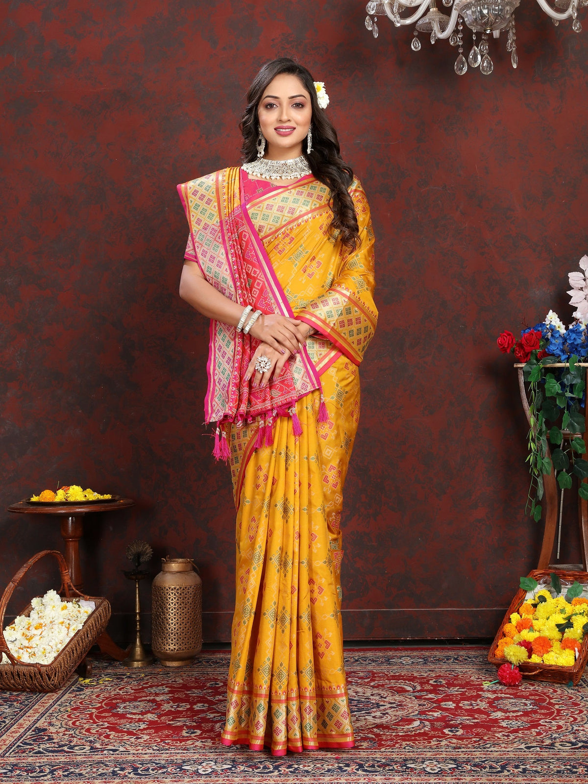 Vedant Vastram Mustard Color Kanjeevaram Patola Silk Saree - Mustard | Grocsy