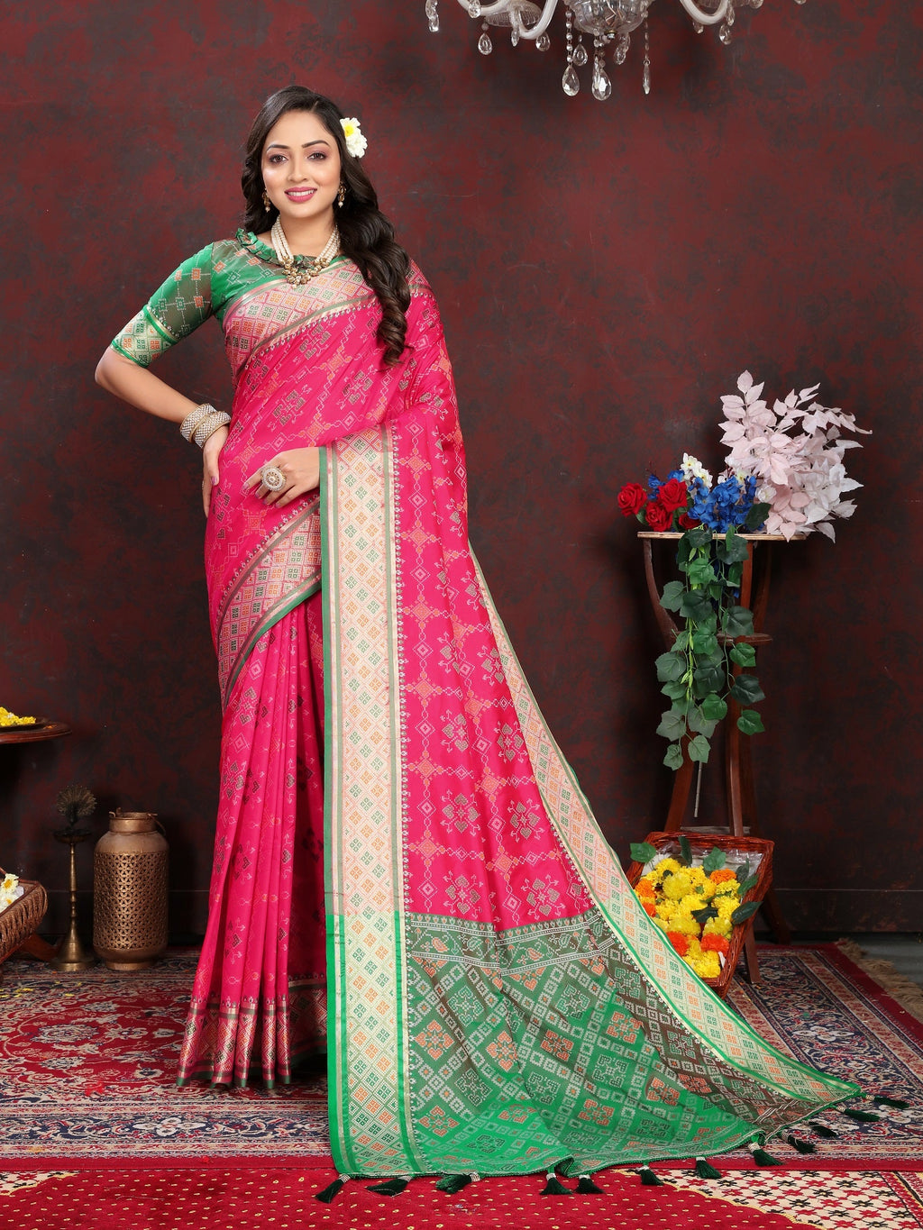 Vedant Vastram Pink Color Kanjeevaram Patola Silk Saree - Pink | Grocsy
