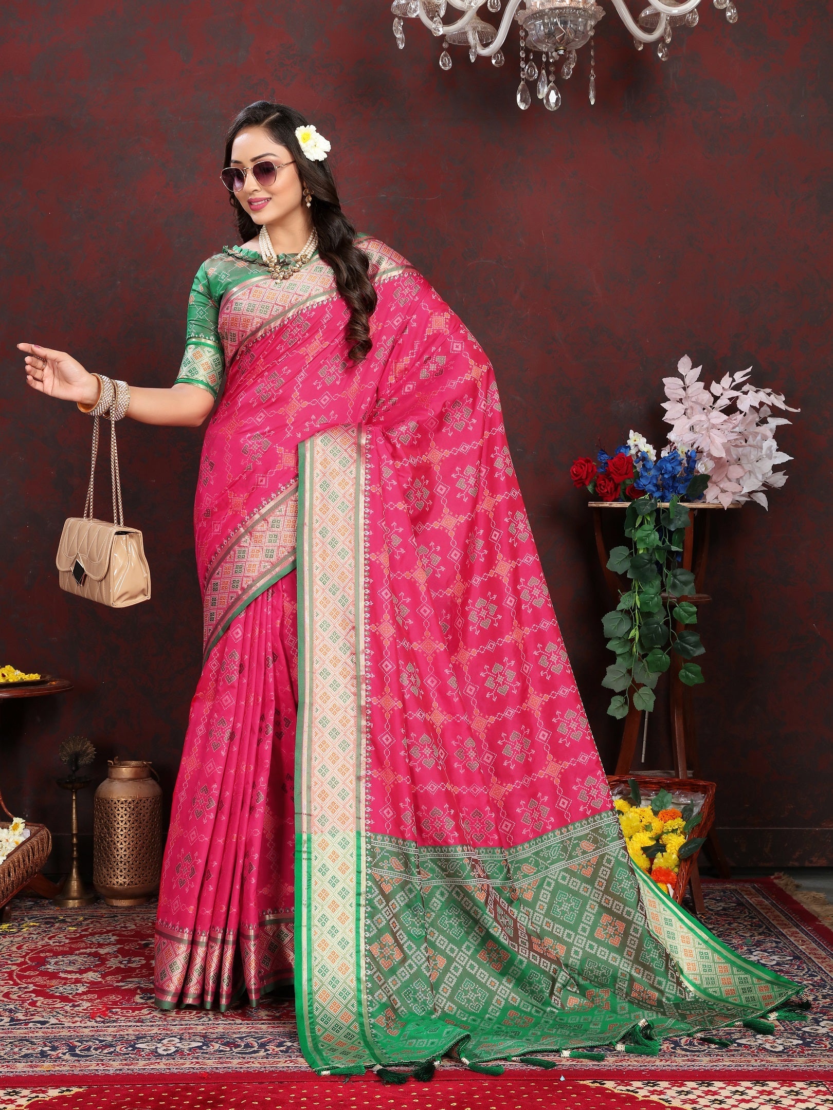 Vedant Vastram Pink Color Kanjeevaram Patola Silk Saree - Pink | Grocsy
