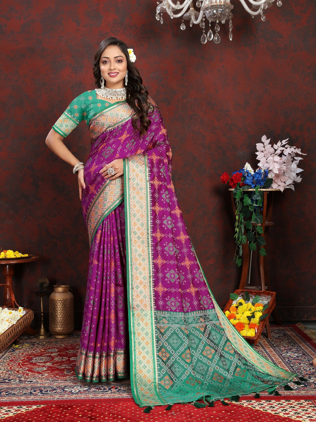 Vedant Vastram Purple Color Kanjeevaram Patola Silk Saree - Purple | Grocsy