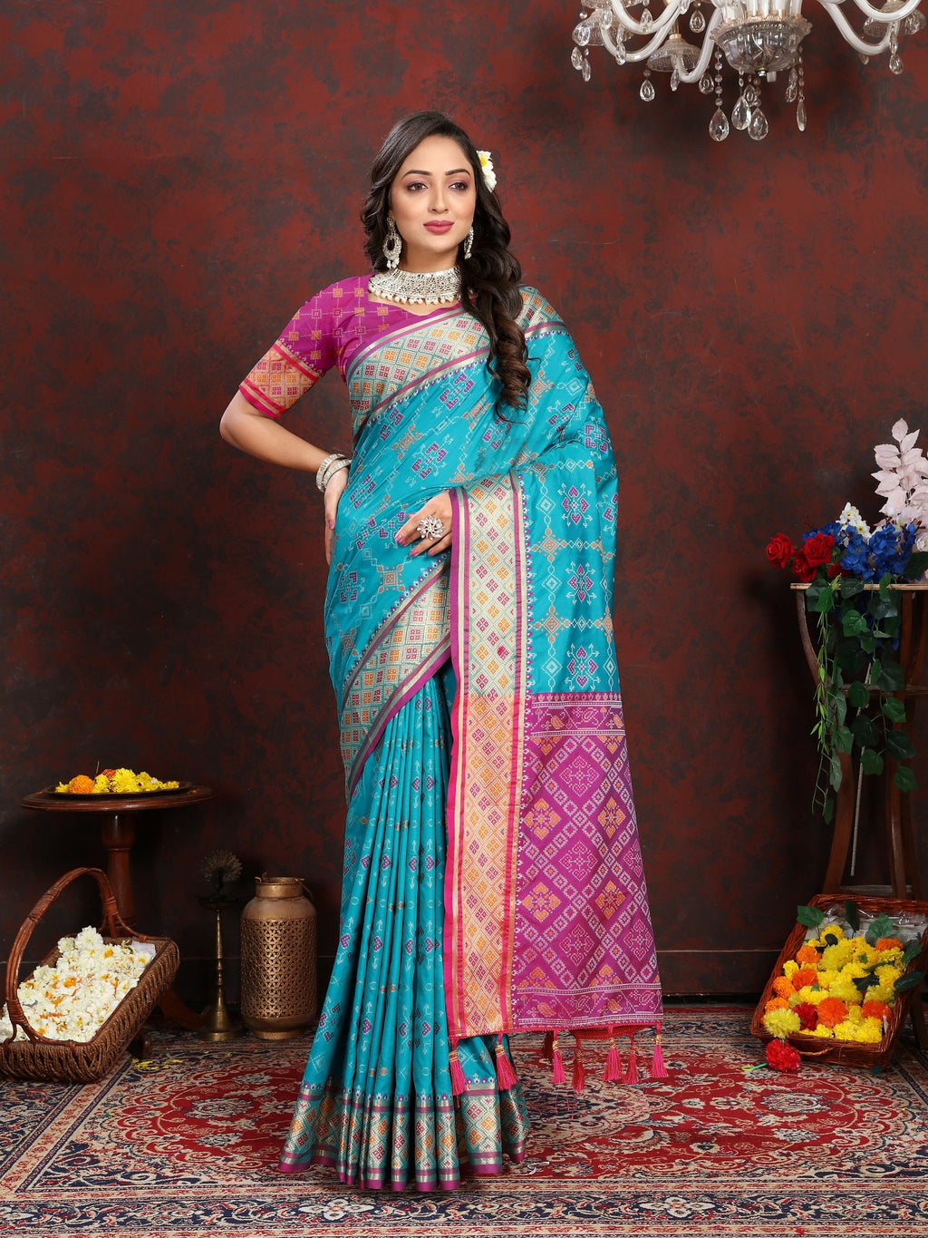 Vedant Vastram Rama Color Kanjeevaram Patola Silk Saree - Rama | Grocsy