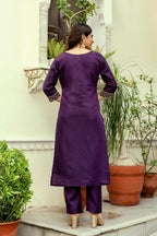 The52 Wine Women's Beautiful Viscose Chanderi Fabric Thread Work Straight Kurta Pant and Dupatta Set | Grocsy