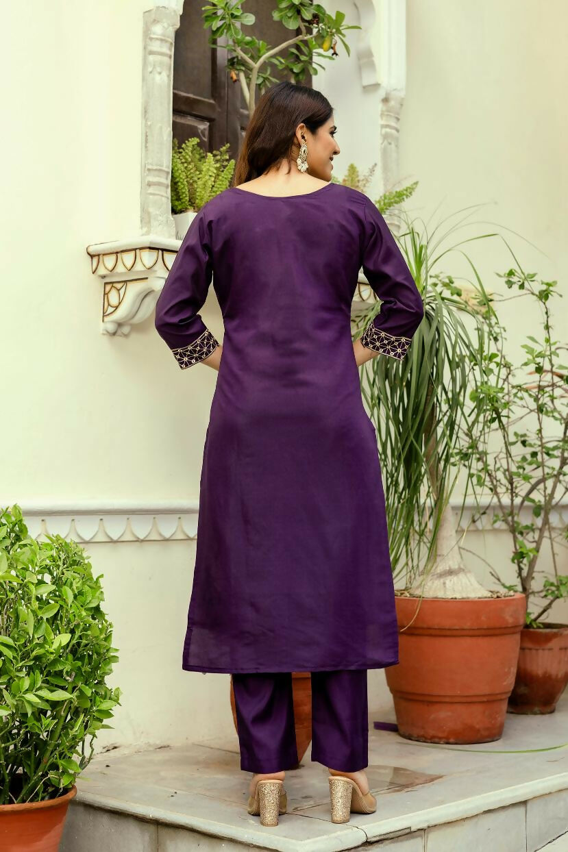 The52 Wine Women's Beautiful Viscose Chanderi Fabric Thread Work Straight Kurta Pant and Dupatta Set | Grocsy
