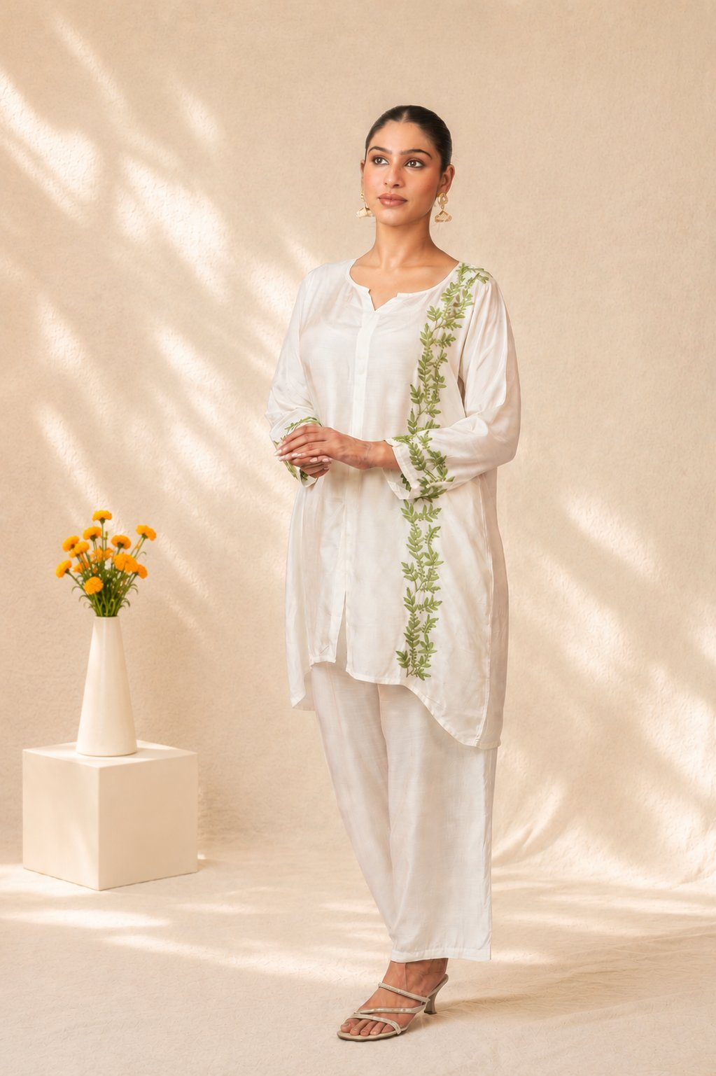Gharana India Natural Muslin Green Leaf Pattern Short Kurta Set | Grocsy