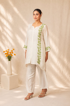 Gharana India Natural Muslin Green Leaf Pattern Short Kurta Set | Grocsy