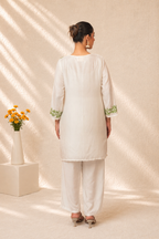 Gharana India Natural Muslin Green Leaf Pattern Short Kurta Set | Grocsy