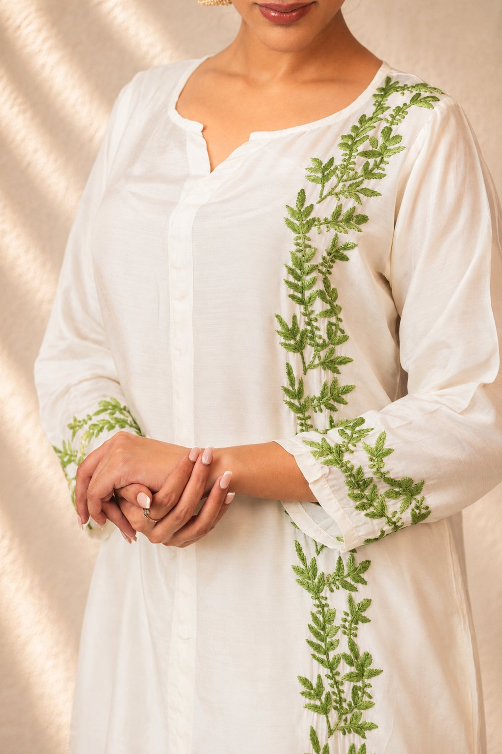 Gharana India Natural Muslin Green Leaf Pattern Short Kurta Set | Grocsy