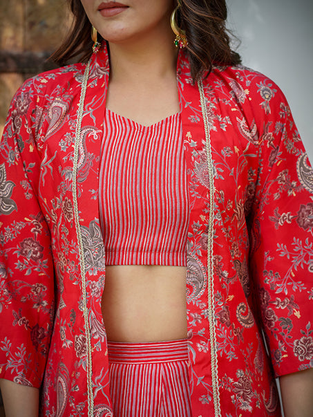 Yufta Muslin Red Co-ord Set With Crop Top And Pant | Grocsy