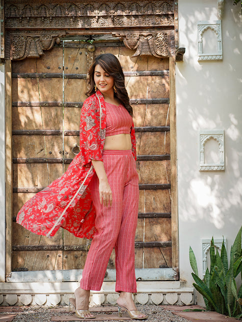 Yufta Muslin Red Co-ord Set With Crop Top And Pant | Grocsy