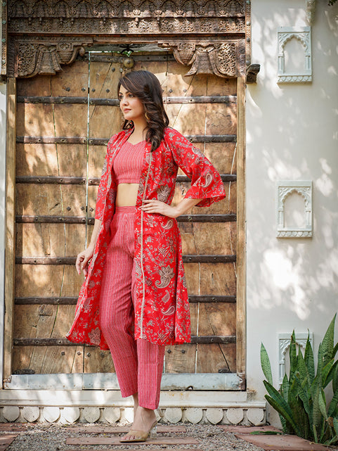 Yufta Muslin Red Co-ord Set With Crop Top And Pant | Grocsy