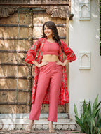 Yufta Muslin Red Co-ord Set With Crop Top And Pant | Grocsy