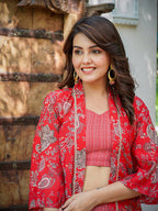 Yufta Muslin Red Co-ord Set With Crop Top And Pant | Grocsy