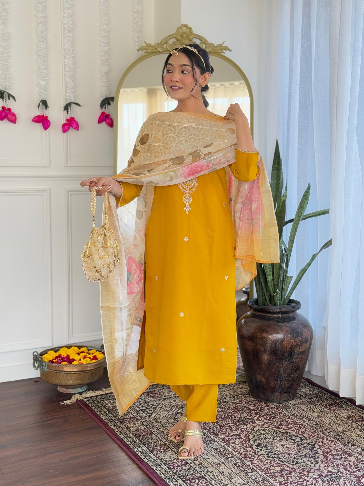 The52 Women's Viscose Embroidery work Straight Kurta with Pant and Dupatta Set | Grocsy